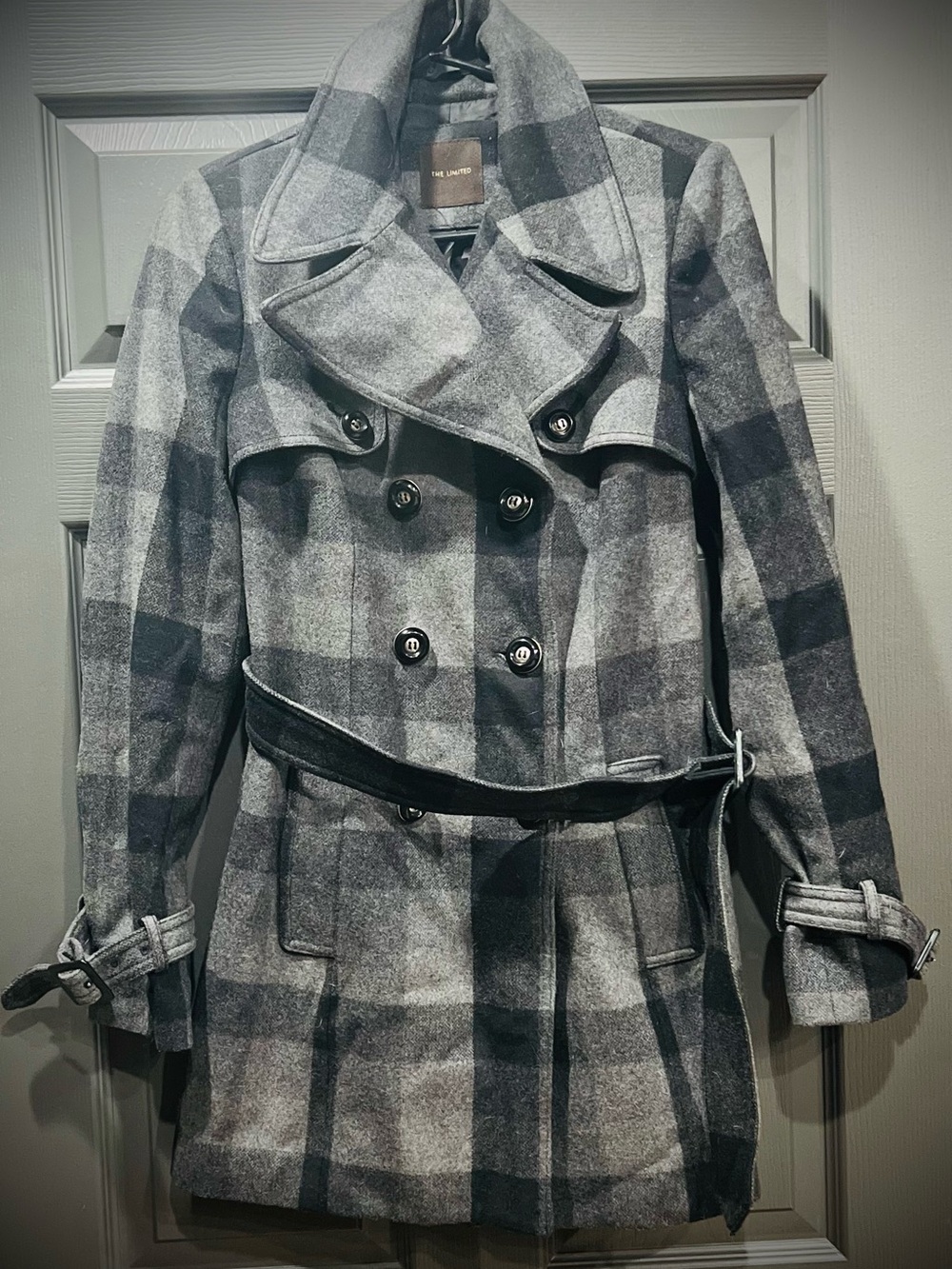 The Limited Gray Plaid Double-Breasted Trench Coat
